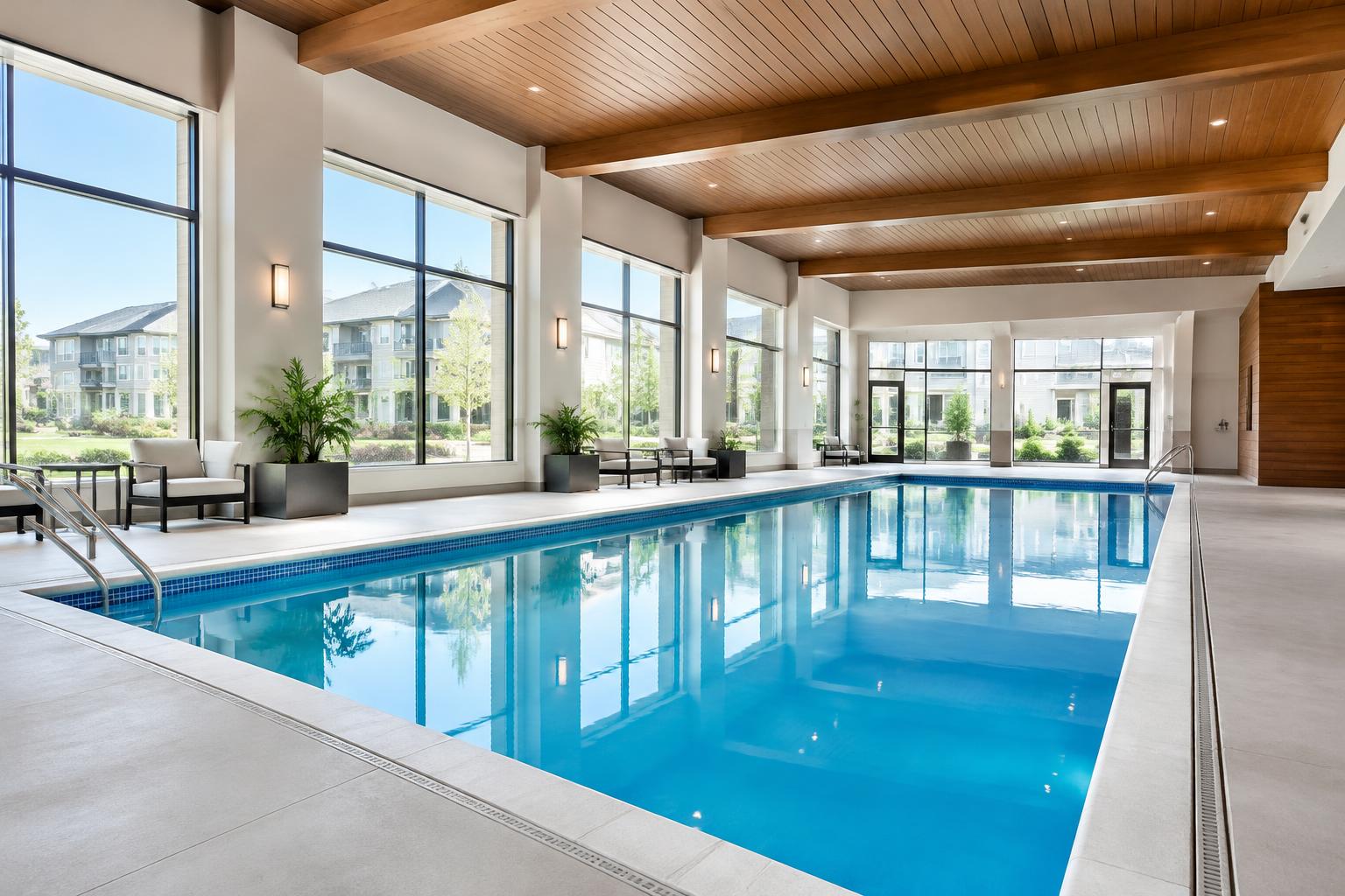 Illustrative condominium indoor swimming pool with bright blue water and concrete pool deck