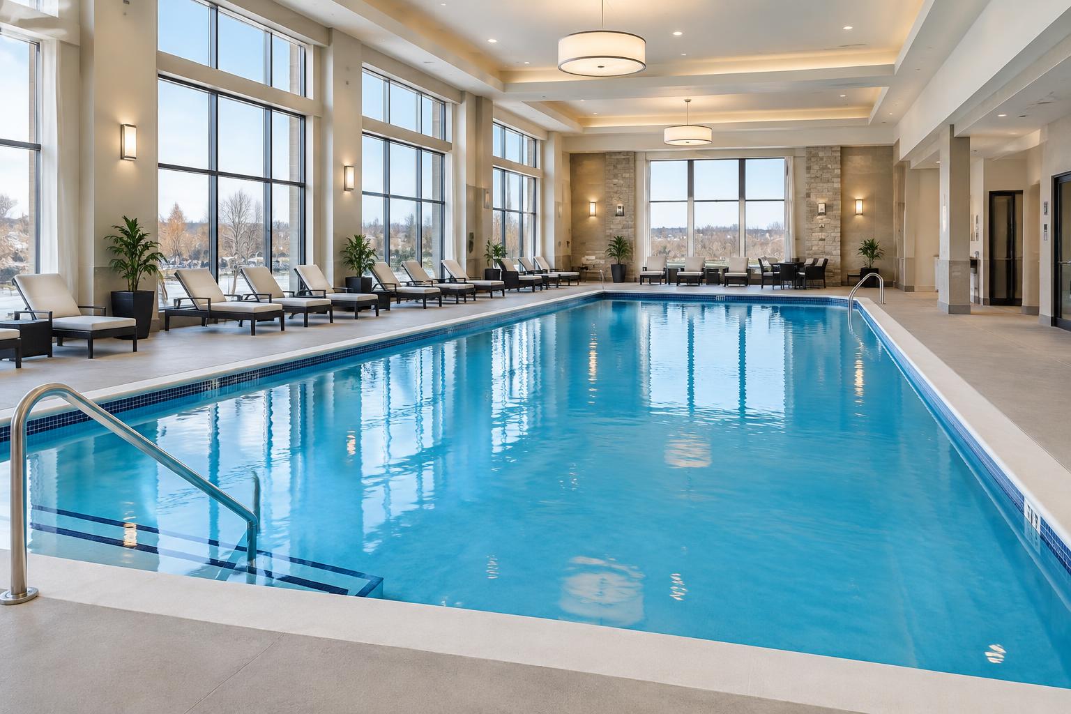 Illustrative indoor hotel swimming pool with blue waterline tile and concrete decking